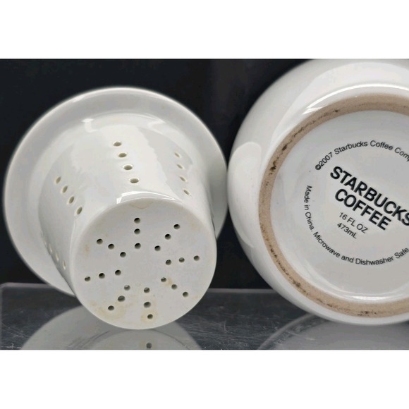 2007 STARBUCKS WHITE /GREEN LOGO COFFEE 16 OZ COFFEE MUG CUP W/ Tea Infuser - Picture 8 of 10